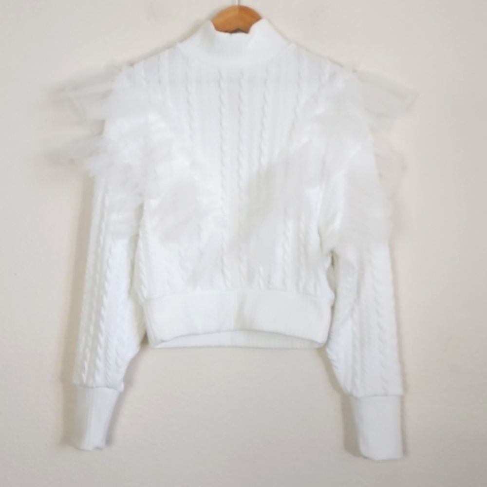 Free People Showstopper Ruffled Tulle Cable Sweater in White Size Small